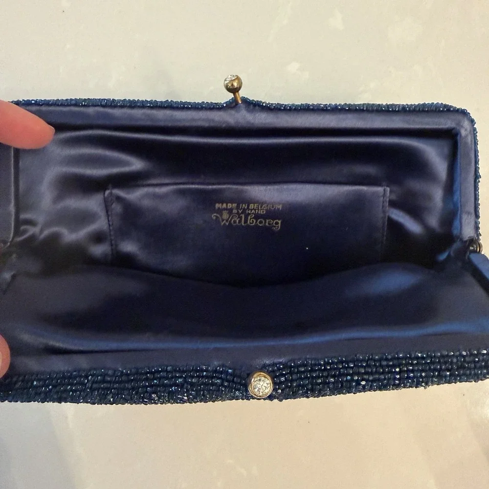 Vintage 60s Walborg Beaded Clutch Evening Bag Rhinestone Clasp Navy